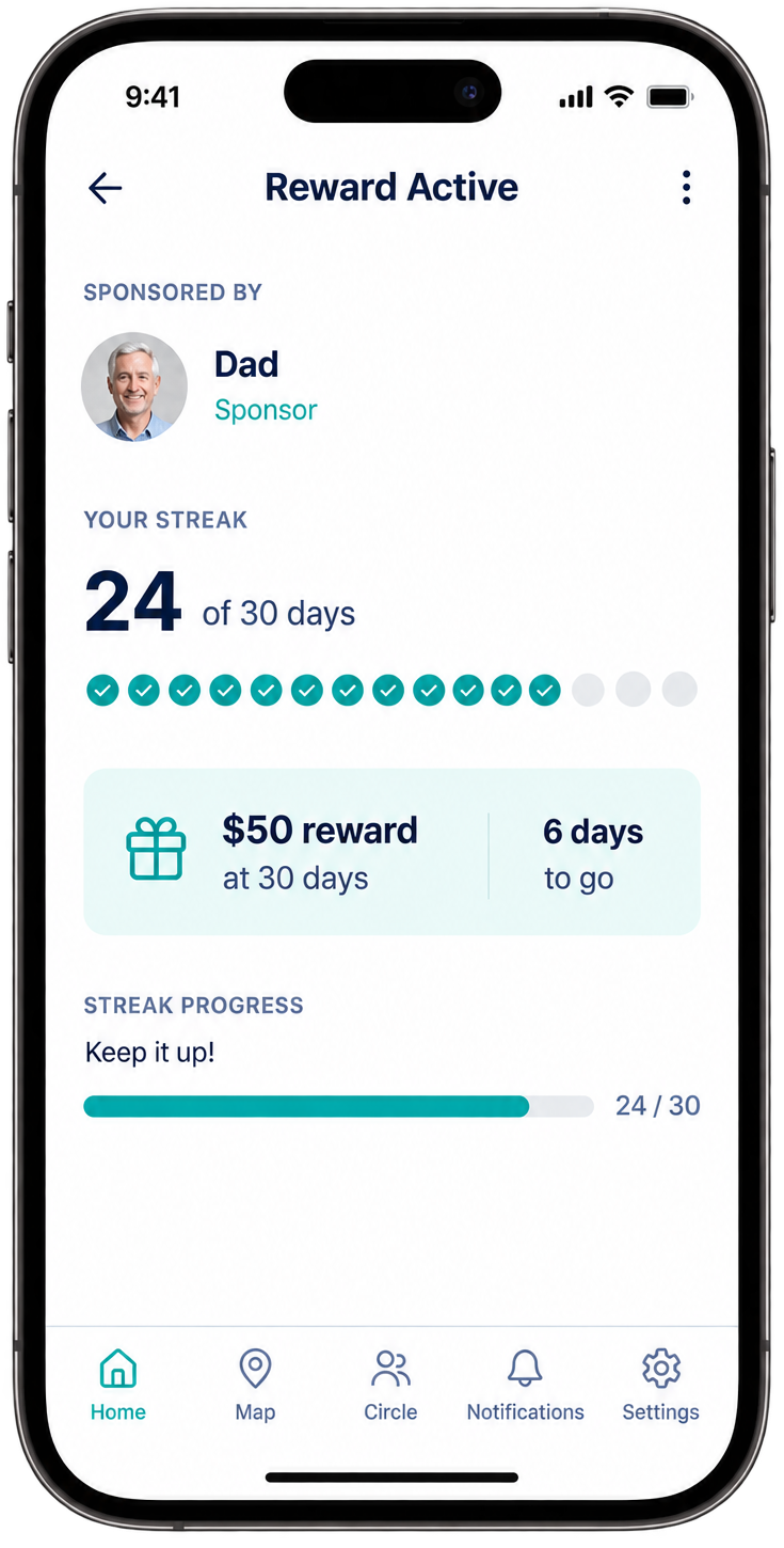AllGood reward screen showing a sponsored 24 of 30 day check-in streak